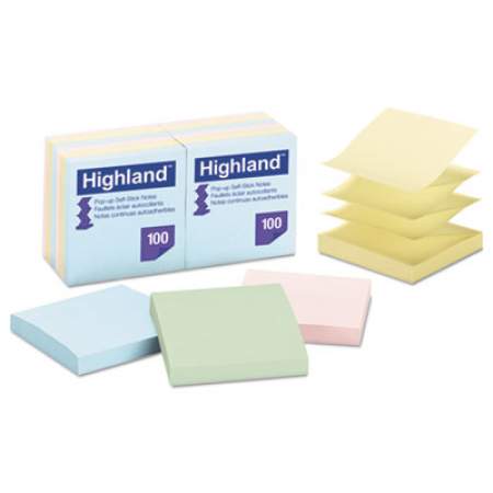 Highland Self-Stick Pop-Up Notes, 3 x 3, Assorted Pastel, 100-Sheet, 12/Pack (6549PUA)