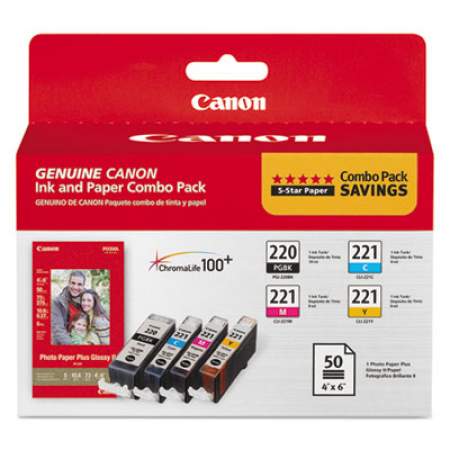 Canon 2945B011 (PGI-220/CLI-221) ChromaLife100+ Ink/Paper Combo, Black/Cyan/Magenta/Yellow