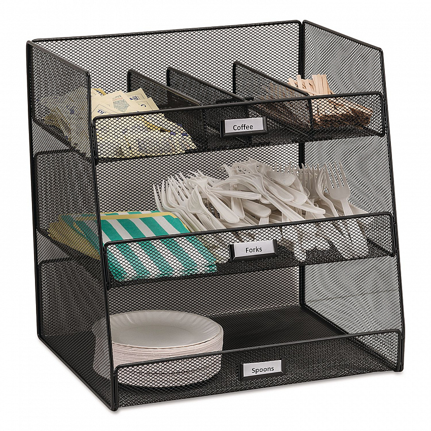 Onyx Breakroom Organizers, 3 Compartments,14.63 x 11.75 x 15, Steel Mesh, Black (3293BL)