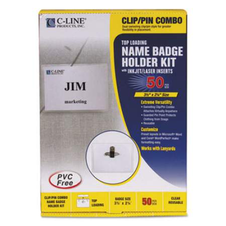 C-Line Name Badge Kits, Top Load, 3 1/2 x 2 1/4, Clear, Combo Clip/Pin, 50/Box (95723)