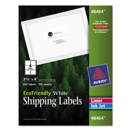 Avery EcoFriendly Mailing Labels, Inkjet/Laser Printers, 3.33 x 4, White, 6/Sheet, 100 Sheets/Pack (48464)