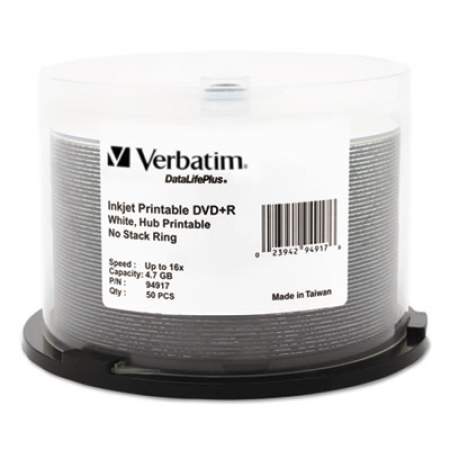 Verbatim DVD+R Recordable Disc, 4.7 GB, 16x, Spindle, Hub Printable, White, 50/Pack (94917)