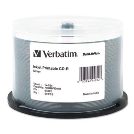 Verbatim CD-R DataLifePlus Printable Recordable Disc, 700 MB/80 min, 52x, Spindle, Silver, 50/Pack (94892)