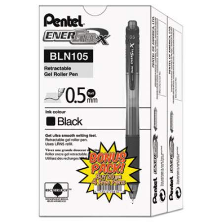 Pentel EnerGel-X Gel Pen, Retractable, Fine 0.5 mm Needle Tip, Black Ink, Black Barrel, 24/Pack (BLN105ASW2)