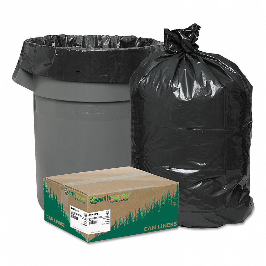 Linear Low Density Recycled Can Liners, 45 Gallon, 1.25 mil, 40" x 46", Black, 10 Bags/Roll, 10 Rolls/Carton (RNW4850)