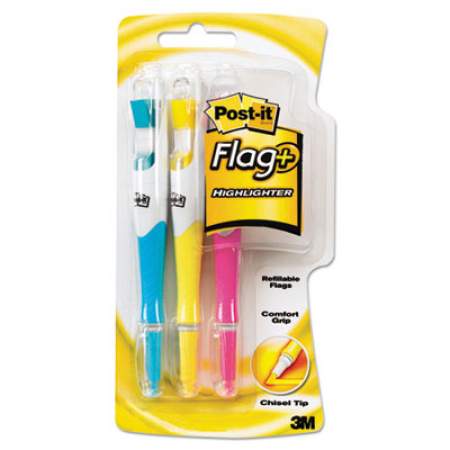 Post-it Flag+ Highlighter, Assorted Ink/Flag Colors, Chisel Tip, Assorted Barrel Colors, 3/Pack (689HL3)