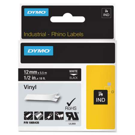 DYMO Rhino Permanent Vinyl Industrial Label Tape, 0.5" x 18 ft, Black/White Print (1805435)