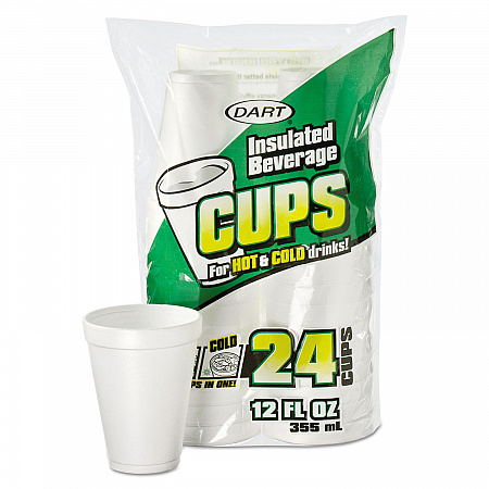Small Foam Drink Cups, 12 oz, White, 24/Bag, 12 Bags/Carton (12JP24)