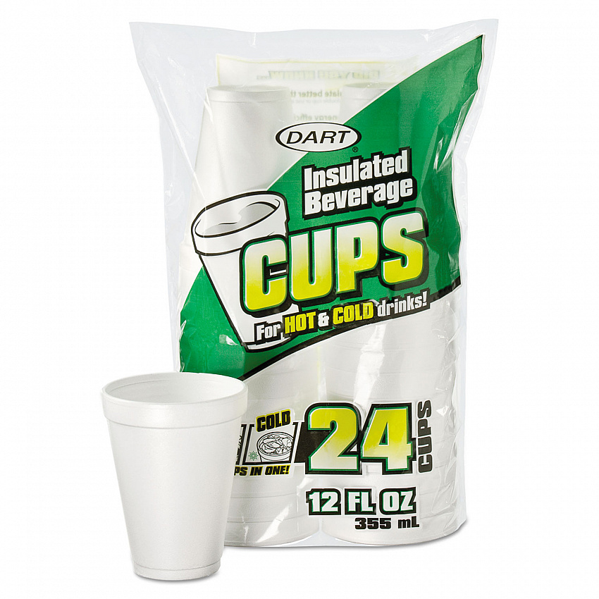 Small Foam Drink Cups, 12 oz, White, 24/Bag, 12 Bags/Carton (12JP24)