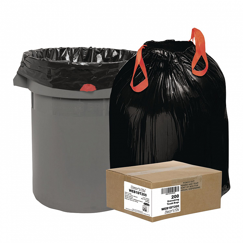 Heavy-Duty Trash Bags, Drawstring, 30 gal, 1.2 mil, 30.5" x 33", Black, 25 Bags/Roll, 8 Rolls/Box (1DT200)