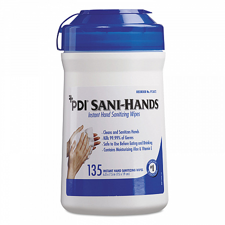 PDI Sani-Hands ALC Instant Hand Sanitizing Wipes, 1-Ply, 7.5 x 6, White, 135/Canister, 12 Canisters/Carton (P13472)