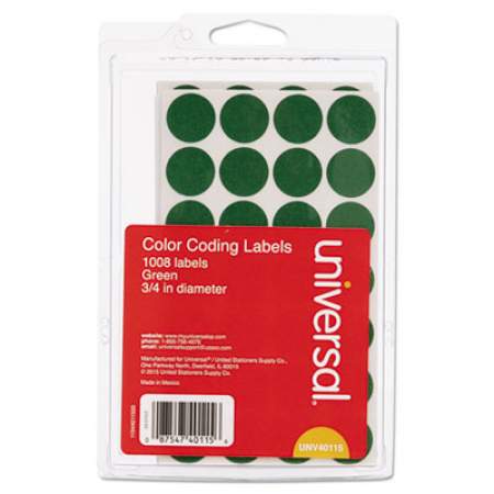 Universal Self-Adhesive Removable Color-Coding Labels, 0.75" dia., Green, 28/Sheet, 36 Sheets/Pack (40115)
