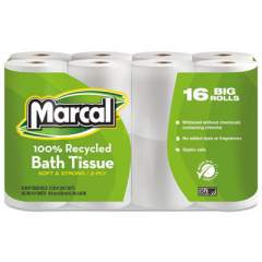 Marcal 100% Recycled Two-Ply Bath Tissue, Septic Safe, 2-Ply, White, 168 Sheets/Roll, 16 Rolls/Pack (1646616PK)