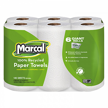 100% Premium Recycled Kitchen Roll Towels, 2-Ply, 11 x 5.5, White, 140/Roll, 6 Rolls/Pack (6181PK)