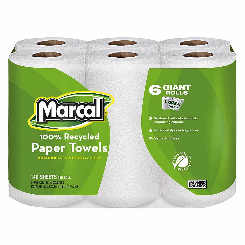 100% Premium Recycled Kitchen Roll Towels, 2 Ply, 11 x 5.5, White, 140/Roll, 24 Rolls/Carton (6181CT)