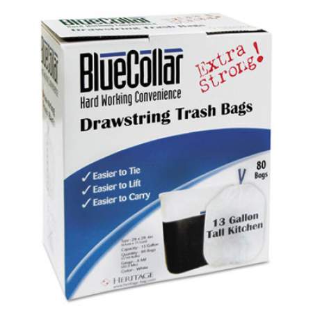 BlueCollar Drawstring Trash Bags, 13 gal, 0.8 mil, 24" x 28", White, 480/Carton (N4828EWRC1CT)