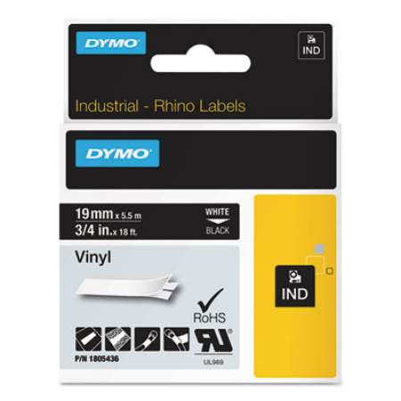 DYMO Rhino Permanent Vinyl Industrial Label Tape, 0.75" x 18 ft, Black/White Print (1805436)