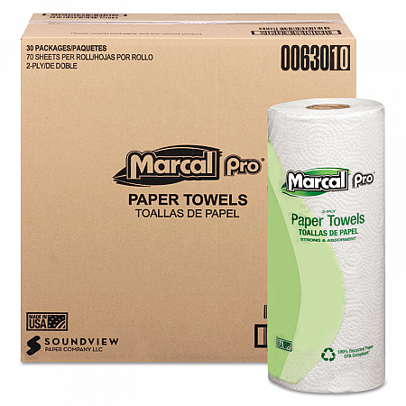 100% Premium Recycled Kitchen Roll Towels, 2-Ply, 11 x 9, White, 70/Roll, 30 Rolls/Carton (630)