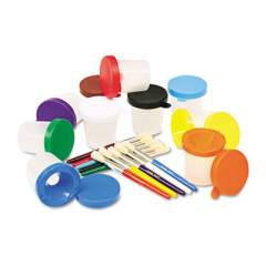 Creativity Street No-Spill Cups and Coordinating Brushes, Assorted Color Lids/Clear Cups, 10/Set (5104)
