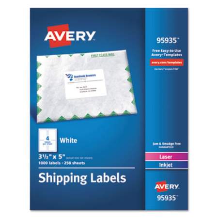 Avery White Shipping Labels-Bulk Packs, Inkjet/Laser Printers, 3.5 x 5, White, 4/Sheet, 250 Sheets/Box (95935)