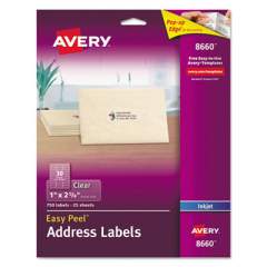 Avery Matte Clear Easy Peel Mailing Labels w/ Sure Feed Technology, Inkjet Printers, 1 x 2.63, Clear, 30/Sheet, 25 Sheets/Pack (8660)