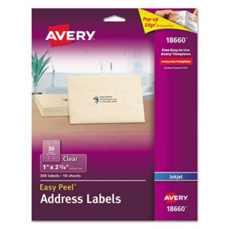 Avery Matte Clear Easy Peel Mailing Labels w/ Sure Feed Technology, Inkjet Printers, 1 x 2.63, Clear, 30/Sheet, 10 Sheets/Pack (18660)