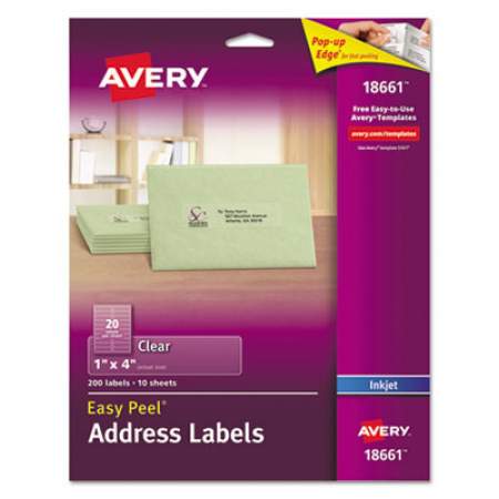 Avery Matte Clear Easy Peel Mailing Labels w/ Sure Feed Technology, Inkjet Printers, 1 x 4, Clear, 20/Sheet, 10 Sheets/Pack (18661)