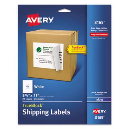 Avery Shipping Labels with TrueBlock Technology, Inkjet Printers, 8.5 x 11, White, 25/Pack (8165)