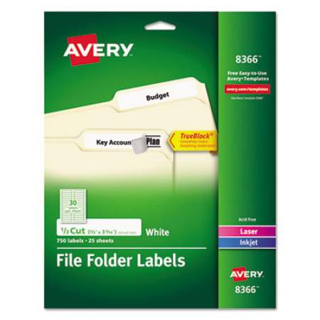 Avery Permanent TrueBlock File Folder Labels with Sure Feed Technology, 0.66 x 3.44, White, 30/Sheet, 25 Sheets/Pack (8366)
