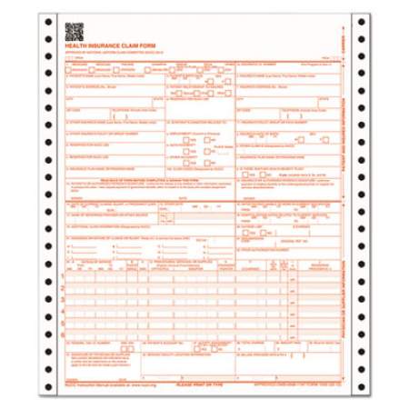 Adams CMS Health Insurance Claim Form, Three-Part Carbonless, 9.5 x 11, 1/Page, Continuous, 100  Forms (CMS1500CV)