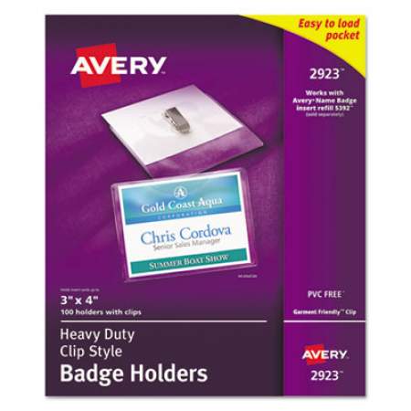 Avery Heavy-Duty Clip-Style Badge Holders, Horizontal, 4 x 3, Clear, 100/Box (2923)