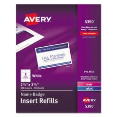 Avery Name Badge Insert Refills, Horizontal/Vertical, 2 1/4 x 3 1/2, White, 400/Box (5390)