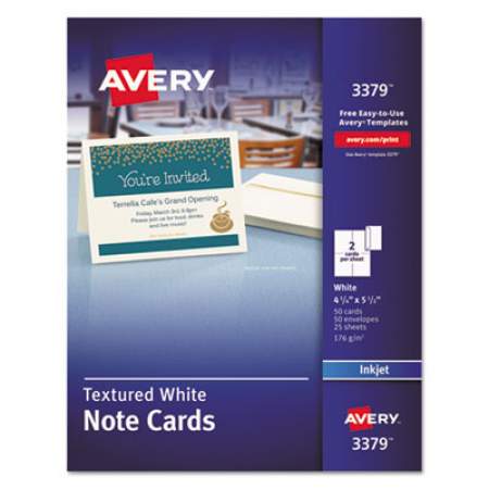 Avery Note Cards with Matching Envelopes, Inkjet, 65lb, 4.25 x 5.5, Textured Uncoated White, 50 Cards, 2 Cards/Sheet, 25 Sheets/Box (3379)