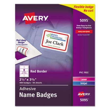 Avery Flexible Adhesive Name Badge Labels, 3.38 x 2.33, White/Red Border, 400/Box (5095)