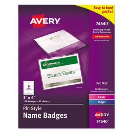 Avery Pin-Style Badge Holder with Laser/Inkjet Insert, Top Load, 4 x 3, White, 100/Box (74540)