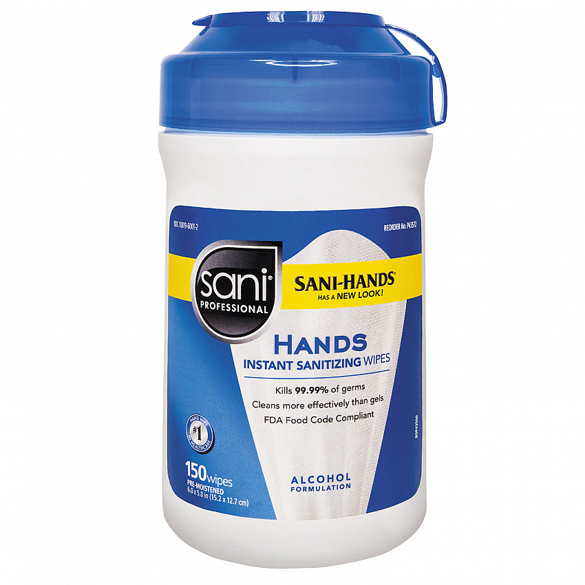 Hands Instant Sanitizing Wipes, 5 x 6, Unscented, White, 150/Canister (P43572EA)