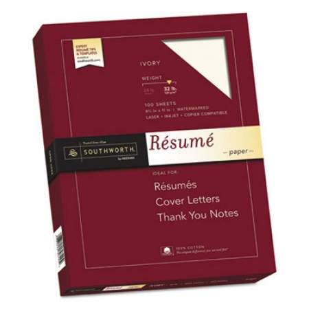 Southworth 100% Cotton Resume Paper, 32 lb, 8.5 x 11, Ivory, 100/Pack (RD18ICF)