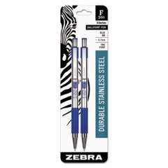 Zebra F-301 Ballpoint Pen, Retractable, Fine 0.7 mm, Blue Ink, Stainless Steel/Blue Barrel, 2/Pack (27122)