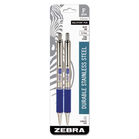 Zebra F-402 Ballpoint Pen, Retractable, Fine 0.7 mm, Blue Ink, Stainless Steel/Blue Barrel, 2/Pack (29222)