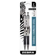Zebra F-301 Ballpoint Pen, Retractable, Fine 0.7 mm, Black Ink, Stainless Steel/Black Barrel, 2/Pack (27112)