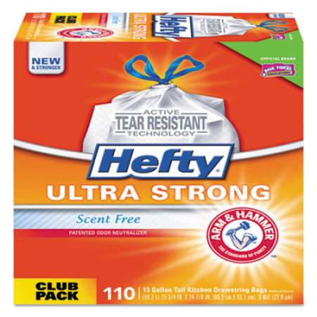 Hefty Ultra Strong Tall Kitchen and Trash Bags, 13 gal, 0.9 mil, 23.75" x 24.88", White, 110/Box (E88368)
