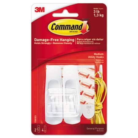 Command General Purpose Hooks, Medium, 3 lb Cap, White, 2 Hooks and 4 Strips/Pack (17001ES)