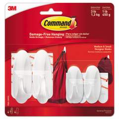 Command General Purpose Designer Hooks, Small/Medium, 3 lb Cap, White, 4 Hooks and 4 Strips/Pack (170812VPES)