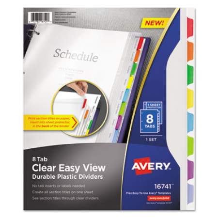 Avery Clear Easy View Plastic Dividers with Multicolored Tabs and Sheet Protector, 8-Tab, 11 x 8.5, Clear, 1 Set (16741)