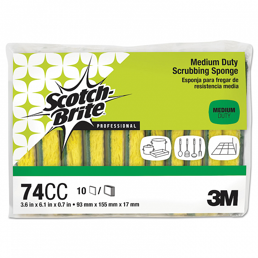 Medium-Duty Scrubbing Sponge 74, 3.6 x 6.1, 0.7" Thick, Yellow/Green, 10/Pack (74CC)