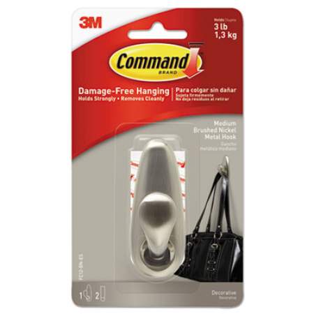 Command Adhesive Mount Metal Hook, Medium, Brushed Nickel Finish, 1 Hook and 2 Strips/Pack (FC12BNES)