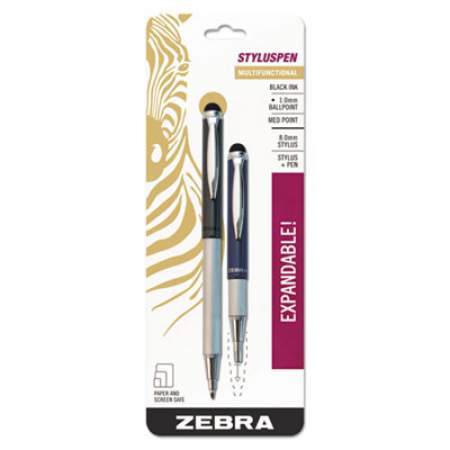 Zebra StylusPen Telescopic Ballpoint Pen/Stylus, Retractable, Medium 1 mm, Black Ink, Blue/Gray Barrel, Pair (33602)