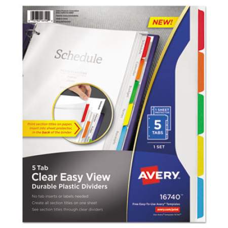 Avery Clear Easy View Plastic Dividers with Multicolored Tabs and Sheet Protector, 5-Tab, 11 x 8.5, Clear, 1 Set (16740)