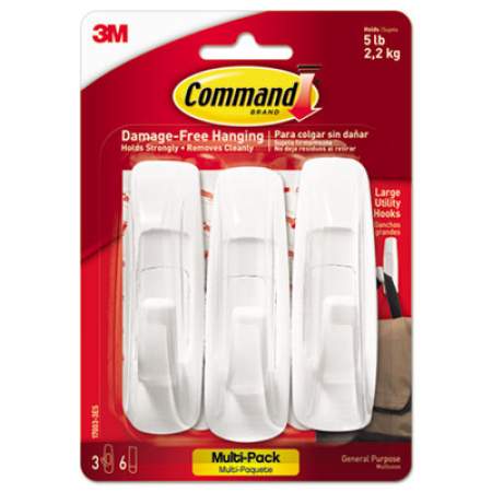 Command General Purpose Hooks Multi-Pack, Large, 5 lb Cap, White, 3 Hooks and 6 Strips/Pack (170033ES)