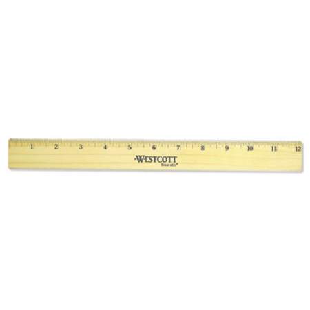 Westcott Flat Wood Ruler with Two Double Brass Edges, Standard/Metric, 12", Clear Lacquer Finish (05221)